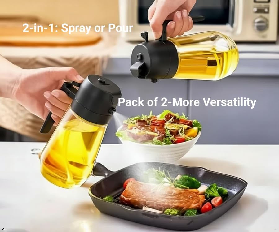 2-Pack Premium 16oz Glass Olive Oil Sprayer for Cooking – Extra Thick Durability, Leak-Proof Seal, Dishwasher Safe, 2 in 1 Oil Dispenser Bottle for Kitchen Gadgets, Air Fryer, Salad, BBQ - Black