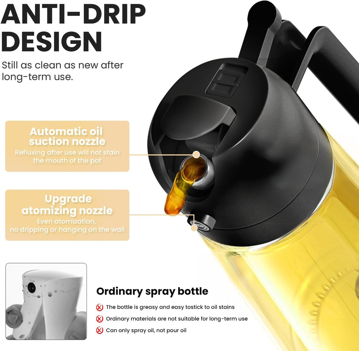 2-in-1 Oil Sprayer Dispenser 18oz Borosilicate Glass, 3 Adjustable Modes Spray Stream Pour, Anti-Drip Leak-Proof Oil Mister with Ergonomic Handle for Air Fryer and Barbecue Cooking