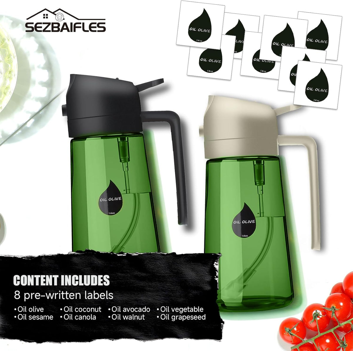 2 in 1 Oil Sprayer for Cooking, Olive Oil Dispenser Bottle for Kitchen Spray and Pour, 16oz/470ml Light-Blocking Dark Green Glass Bottle, Food-Grade Oil Mister for Air Fryer Cream Cap