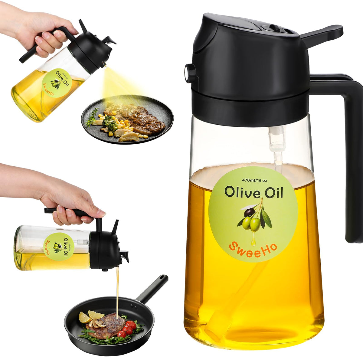 Oil Sprayer for Cooking,470ml Cooking Olive Oil Sprayer and Oil Dispenser 2 In 1, Food-grade Glass Oil Spray Bottle Mister for Air Fryer, BBQ, Griddle (Black+dark green glass and color label)