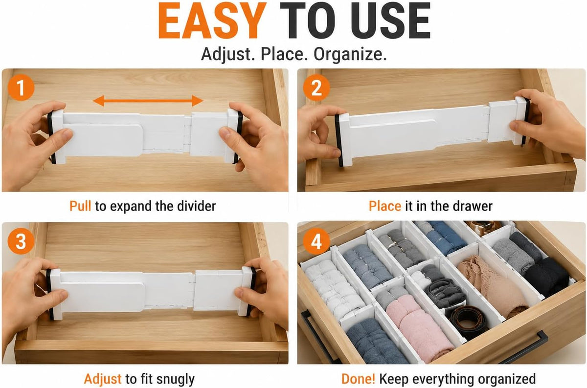 Drawer Dividers Organizer, 6 Pack, Adjustable 28-43 cm, White