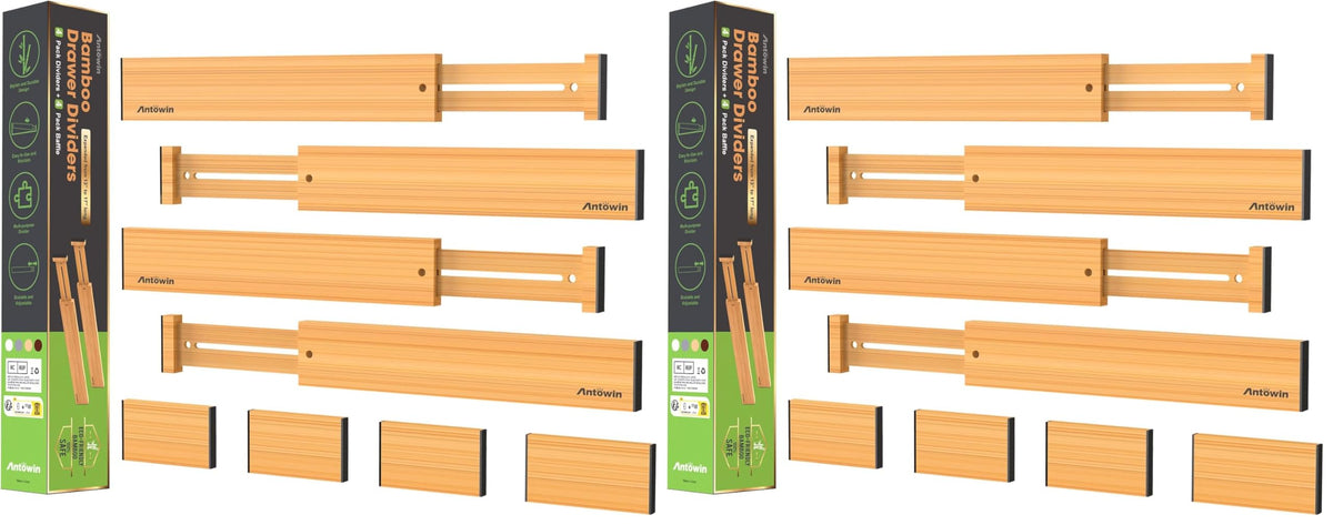 ANTOWIN Bamboo Drawer Dividers Organizers, Drawer Separators Splitter,13-17 inches Long Adjustable Spring-loaded Organizer for Large Utensil, Clothes, Tools Drawers (4+3)