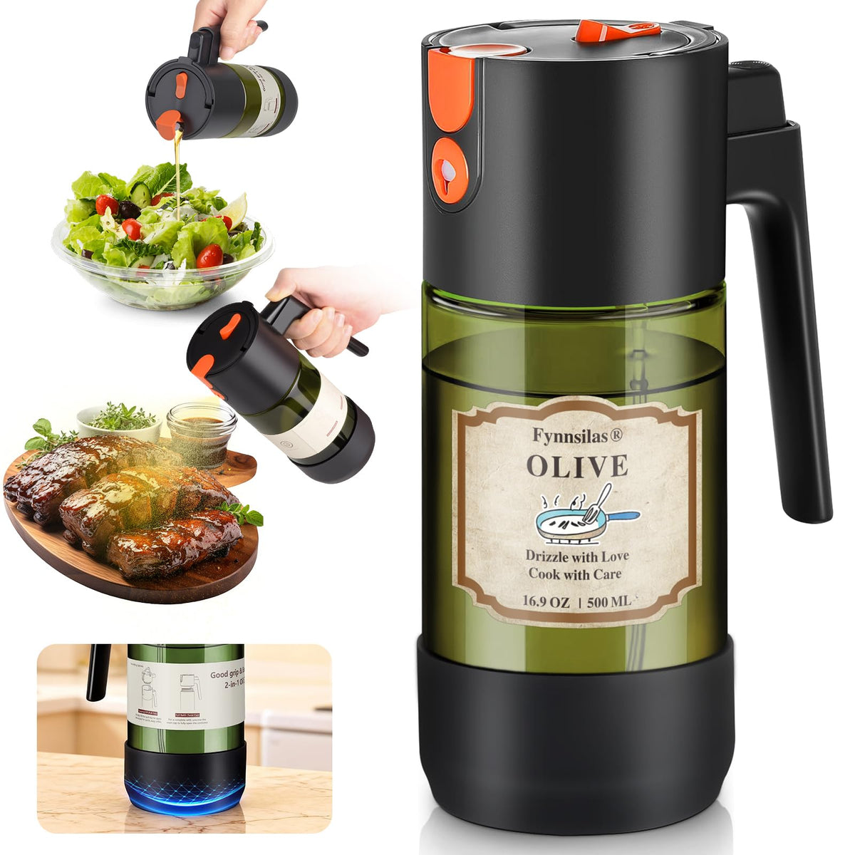 2-IN-1 Oil Sprayer for Cooking with 8 Stickers Light-Blocking Dark Glass Olive Oil Dispenser Bottle for Kitchen 500ml/16.9oz Oil Mister for Air Fryer, BBQ,Salad Even Spray with Portion Control-2PC
