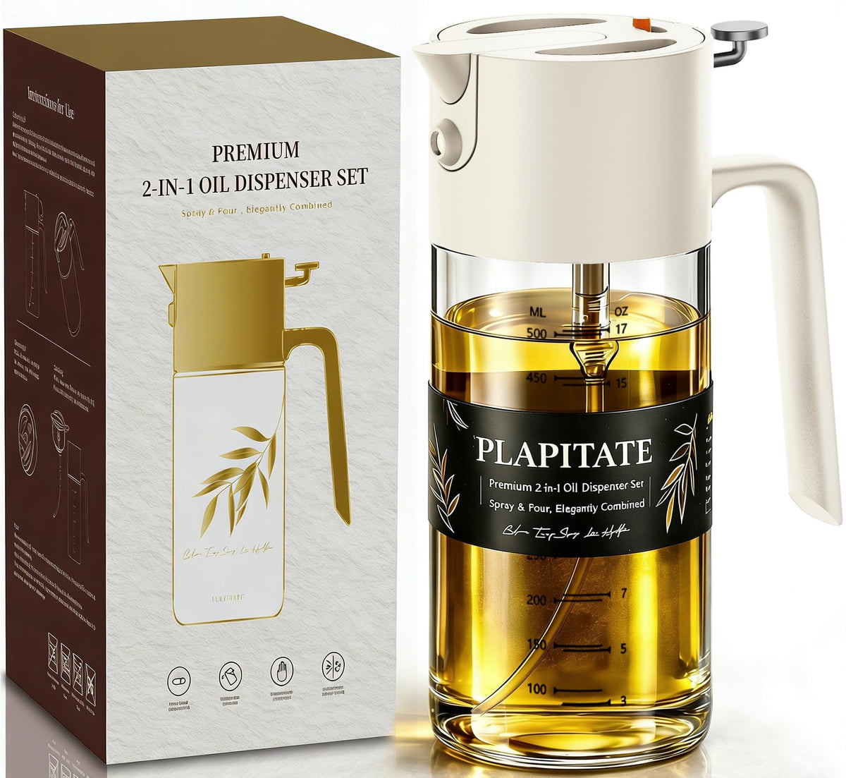 PLAPITATE 17oz/500ml Premium Olive Oil Sprayer for Cooking, 2 in 1 Glass Olive Oil Dispenser Bottle for Kitchen Gadgets, Spray Bottle with Portion Control for Salad, Frying, BBQ (Black)