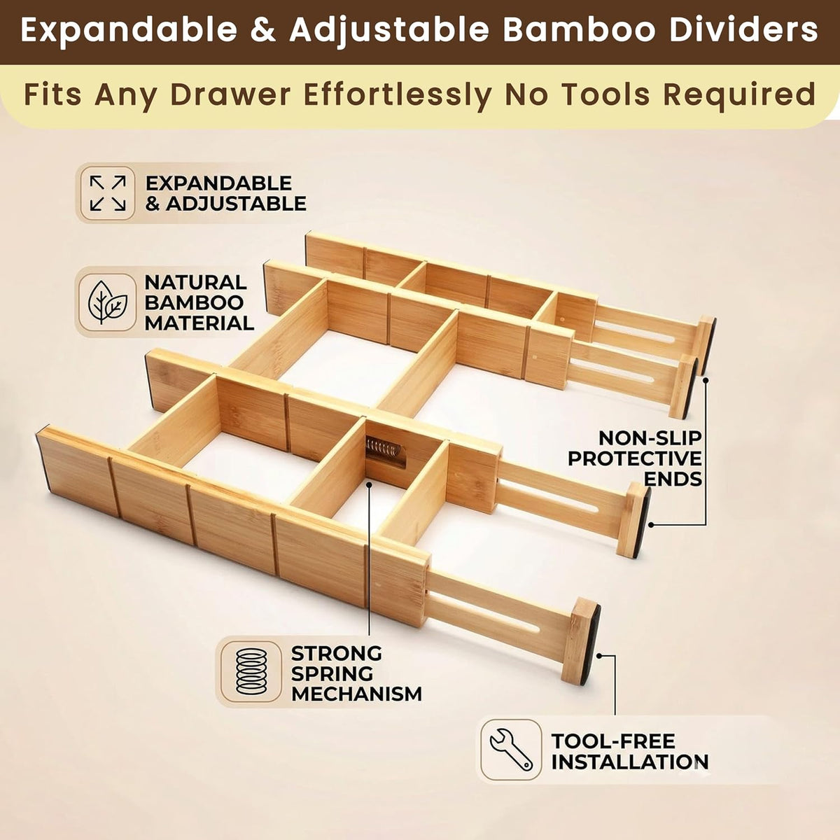 6 Pack Bamboo Drawer Dividers with 12 Inserts, Adjustable 17–22 Inch Expandable Drawer Organizer for Kitchen, Dresser & Closet, Bamboo Kitchen Drawer Organizer, Drawer Divider Set