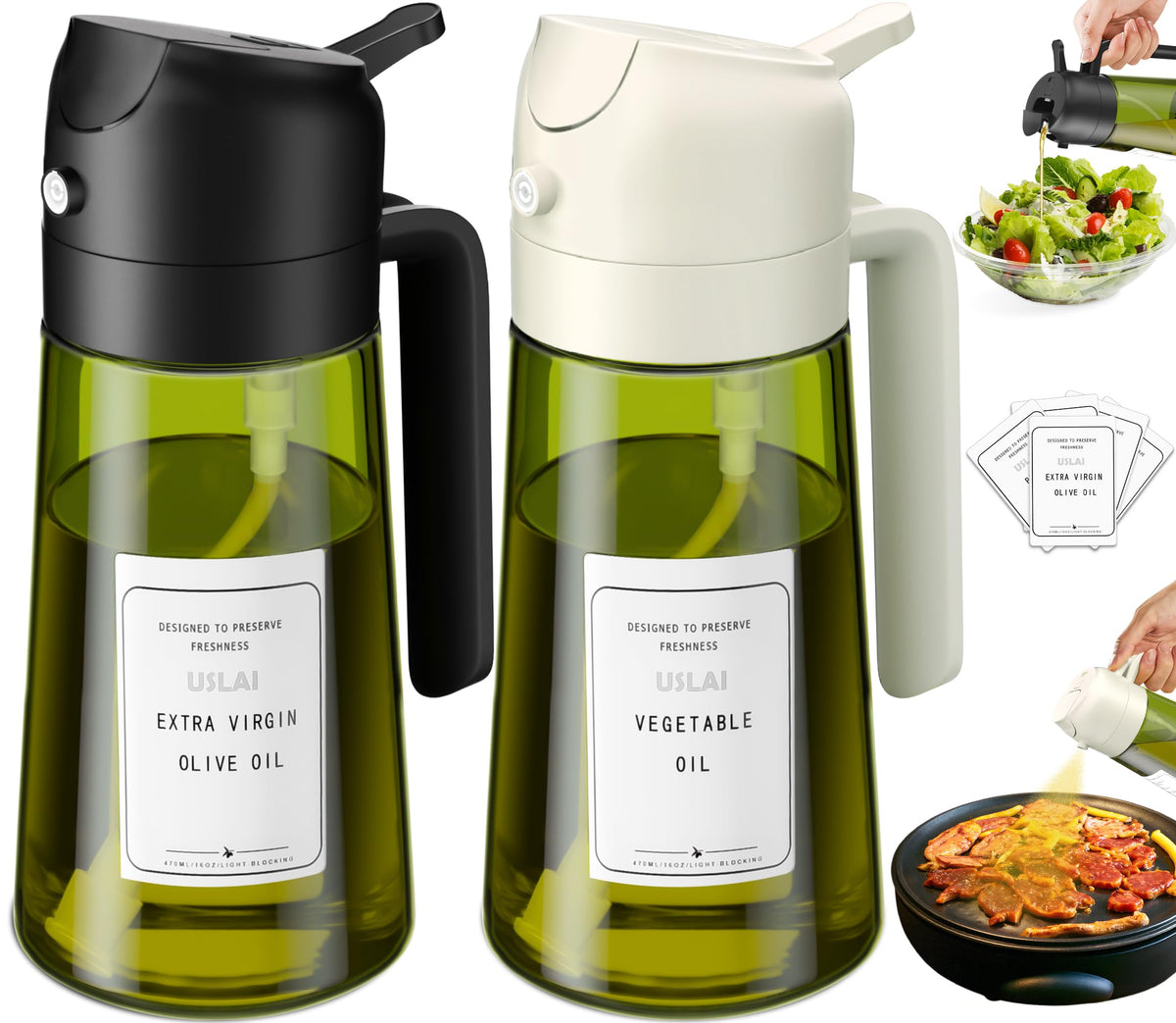 USLAI Oil Sprayer for Cooking, 16oz/470ml 2-in-1 Glass Bottle, Black Black
