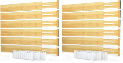 SpaceAid Bamboo Drawer Dividers with Labels, Kitchen Adjustable Drawer Organizers, Expandable Organization for Home, Office, Dressers and Bathroom, 6 Dividers (17-22 in)