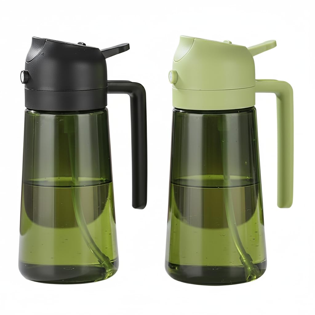 Oil Sprayer and Dispenser for Cooking- 2 x 16 oz Pack, Olive Green Glass to Preserve Fresh Oil, Suitable for Air Fryer, Roasting, Grilling, Barbecue, and Salad. (Black, Green)
