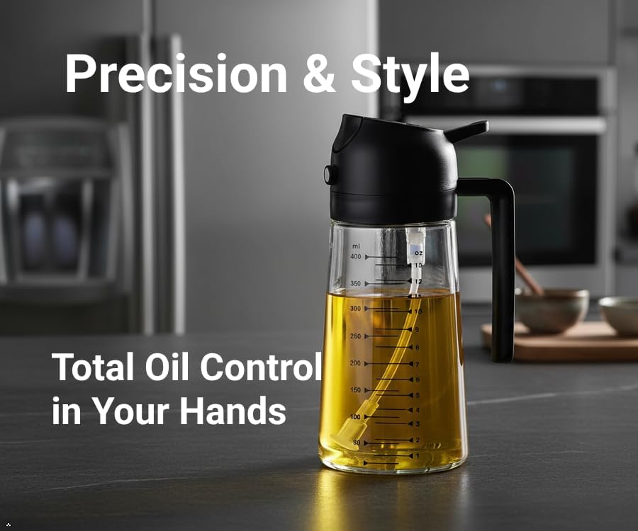 2-Pack Premium 16oz Glass Olive Oil Sprayer for Cooking – Extra Thick Durability, Leak-Proof Seal, Dishwasher Safe, 2 in 1 Oil Dispenser Bottle for Kitchen Gadgets, Air Fryer, Salad, BBQ - Black