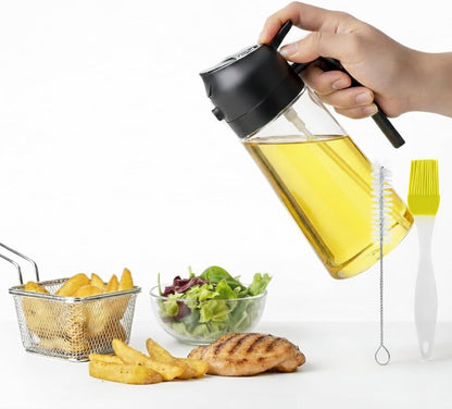 2-in-1 Olive Oil Sprayer & Dispenser Bottle – 470ml/16oz Glass Oil Mister for Cooking, Air Fryer, Salad & BBQ – Spray & Pour with 2 Free Brushes – Premium Oil Spray Bottle (Black)