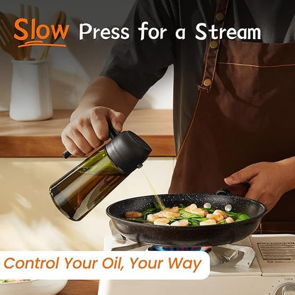 2-in-1 Olive Oil Sprayer & Dispenser, Leakproof 16oz Refillable Glass Spray Bottle for Cooking, Air Fryer & Salad