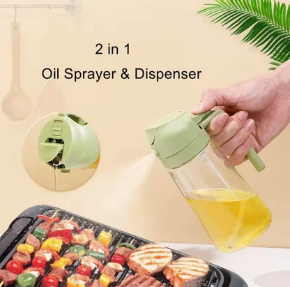 Olive Oil Sprayer 470ml Glass Bottle, 2-in-1 Oil Dispenser & Fine Mist Spray for Cooking, Air Fryer, Salad, BBQ, Refillable & Leakproof (Green)