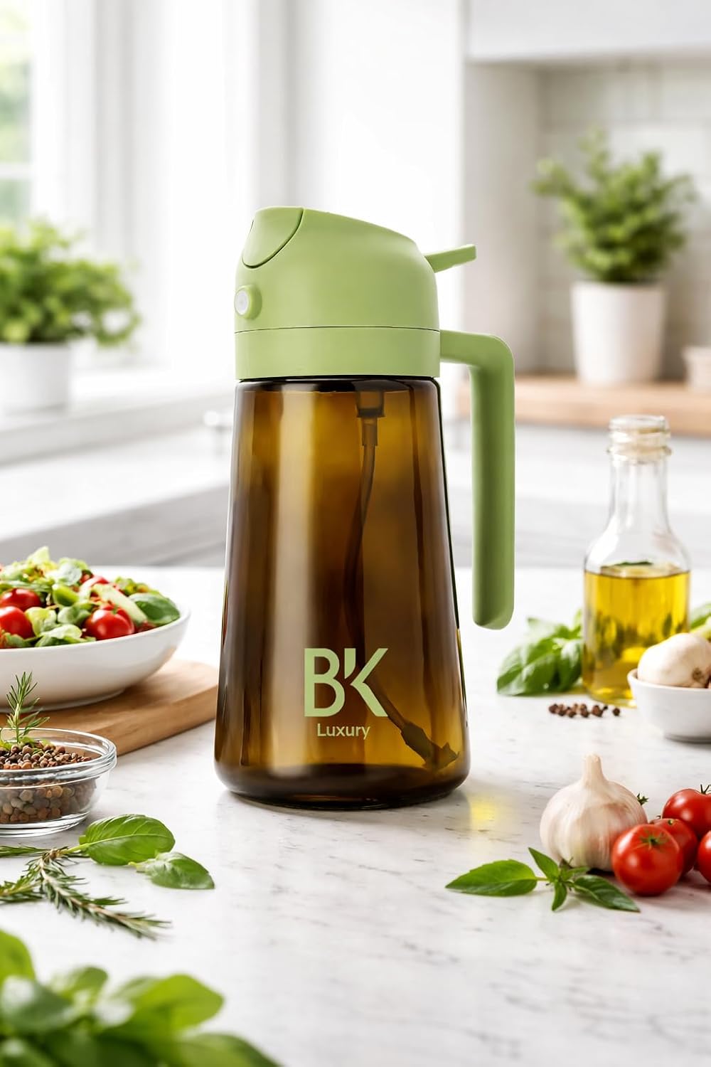 Premium Quality 2-in-1 Oil Sprayer & Dispenser Bottle, Glass, 470ml, Spray & Pour, Leak-Proof, BPA-Free, Refillable, for Cooking & Air Fryer, Dark green colour