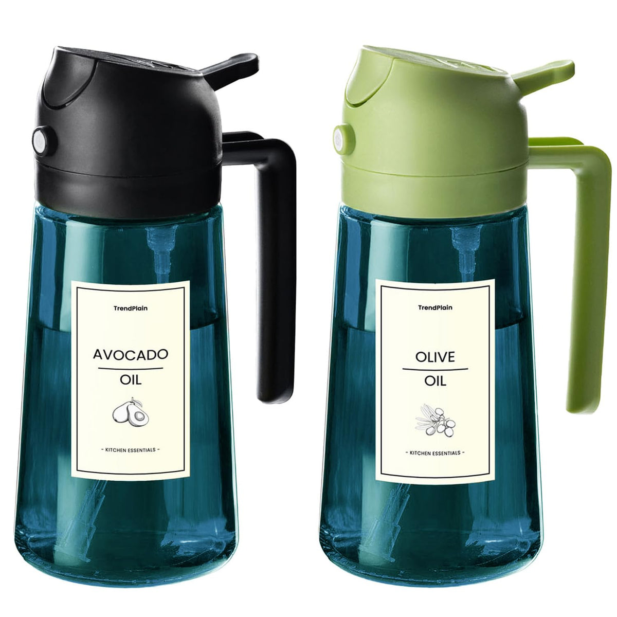 TrendPlain 16oz/470ml Blue Glass Olive Oil Sprayer for Cooking - 2 in 1 Olive Oil Dispenser for Kitchen Gadgets, Air Fryer, Salad, and BBQ (1 Pack, Black & Navy)