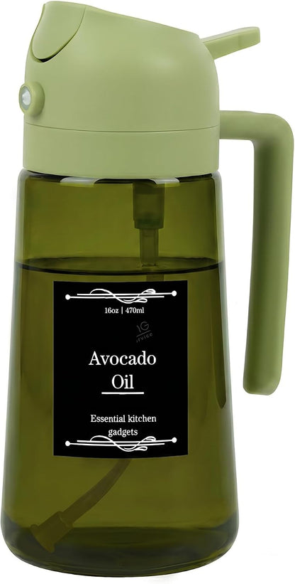 Oil Dispenser Glass Bottle, 16oz/470ml, 2-in-1 Oil Sprayer and Pourer, Clear Glass with Light-Blocking Dark Exterior Coating, for Cooking, Air Fryer, Salad, BBQ (Green)