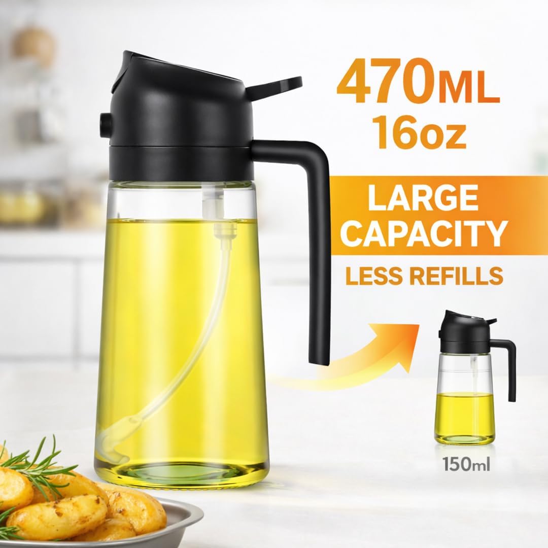 2-in-1 Olive Oil Sprayer & Dispenser Bottle – 470ml/16oz Glass Oil Mister for Cooking, Air Fryer, Salad & BBQ – Spray & Pour with 2 Free Brushes – Premium Oil Spray Bottle (Black)