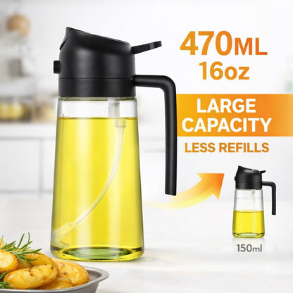 2-in-1 Olive Oil Sprayer & Dispenser Bottle – 470ml/16oz Glass Oil Mister for Cooking, Air Fryer, Salad & BBQ – Spray & Pour with 2 Free Brushes – Premium Oil Spray Bottle (Black)