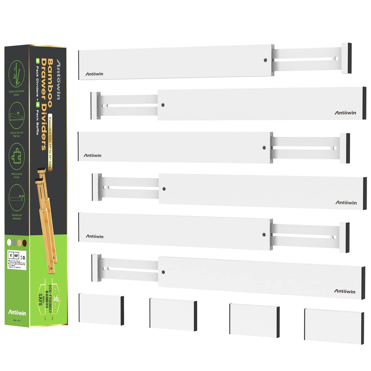 ANTOWIN Bamboo Drawer Dividers, Expandable Drawer Separators Splitter, 17-22 inches Adjustable Spring-loaded Organizer for Large Utensil, Clothes, Tools Drawers, 6 Pack Dividers + 4 Pack Baffle