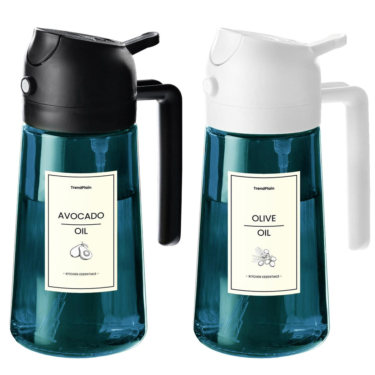 TrendPlain 16oz/470ml Blue Glass Olive Oil Sprayer for Cooking - 2 in 1 Olive Oil Dispenser for Kitchen Gadgets, Air Fryer, Salad, and BBQ (1 Pack, Black & Navy)