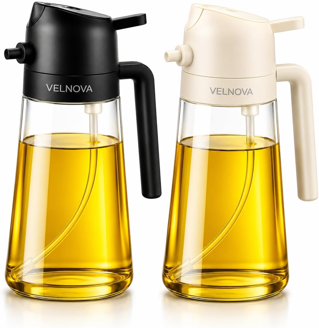 Olive Oil Sprayer for Cooking, 2 Pack 16oz/470ml Glass Oil Sprayer & Dispenser Bottle, 2 in 1 Oil Mister for Air Fryer, Salad, BBQ, Kitchen, Vinegar, Soy Sauce, Leakproof, BPA Free
