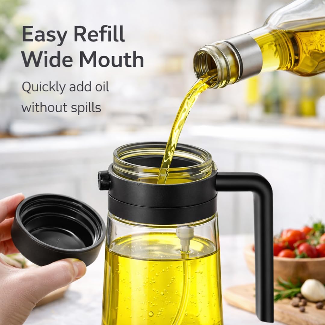 2-in-1 Olive Oil Sprayer & Dispenser Bottle – 470ml/16oz Glass Oil Mister for Cooking, Air Fryer, Salad & BBQ – Spray & Pour with 2 Free Brushes – Premium Oil Spray Bottle (Black)