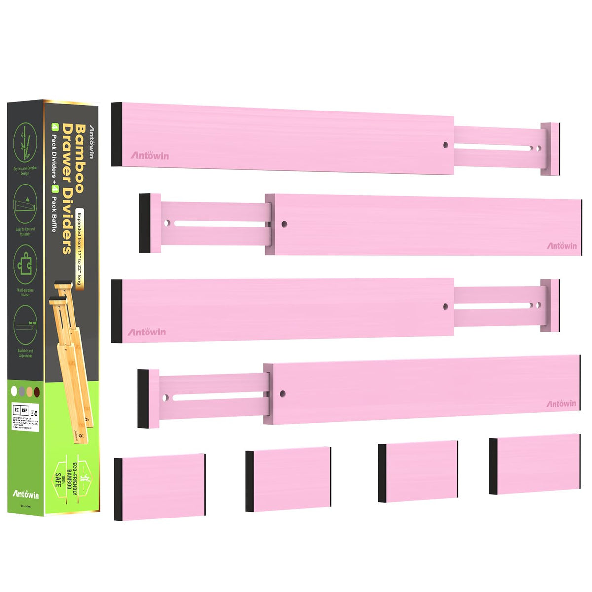 ANTOWIN 4 Pcs Expandable Bamboo Drawer Dividers, Fits 17.6-21.6" Drawers