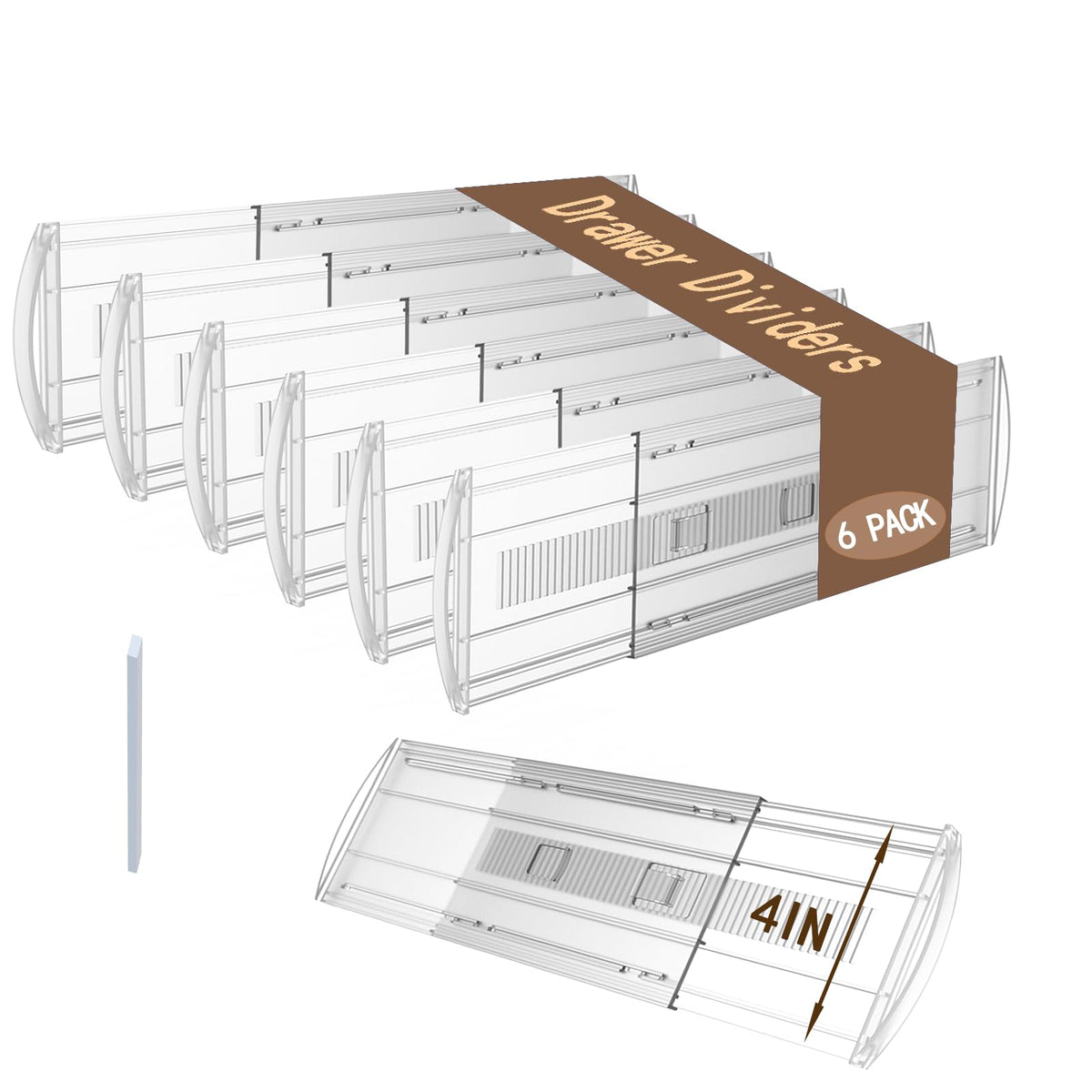 6 Pack Adjustable Drawer Dividers for Clothes,4" High Expandable From 13-21" Clear Drawer Organizers, PC Plastic Separators for Dresser/Bedroom/Bathroom/Kitchen/Office Storage