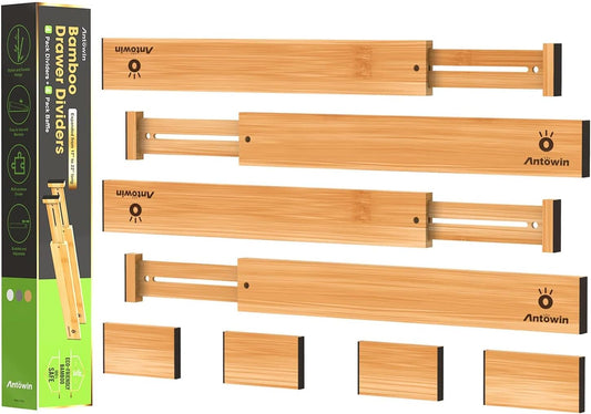 ANTOWIN 4 Pcs Expandable Bamboo Drawer Dividers, Fits 17.6-21.6" Drawers