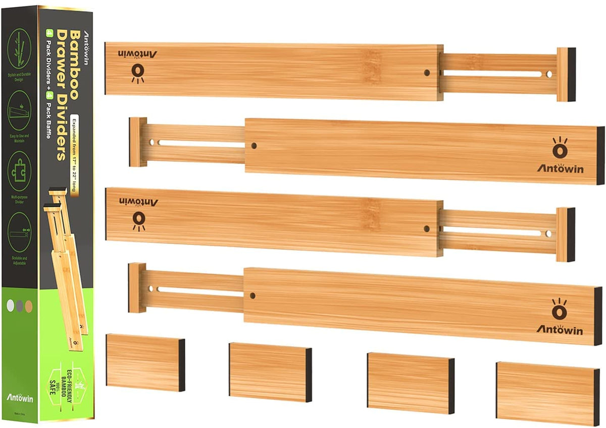 ANTOWIN 4 Pcs Expandable Bamboo Drawer Dividers, Fits 17.6-21.6" Drawers
