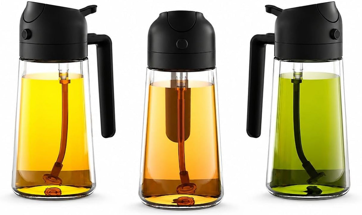 2 in 1 Olive Oil Sprayer for Cooking, Glass Oil Spray Bottle for Air Fryer, BBQ, Kitchen Oil Dispenser 470ml