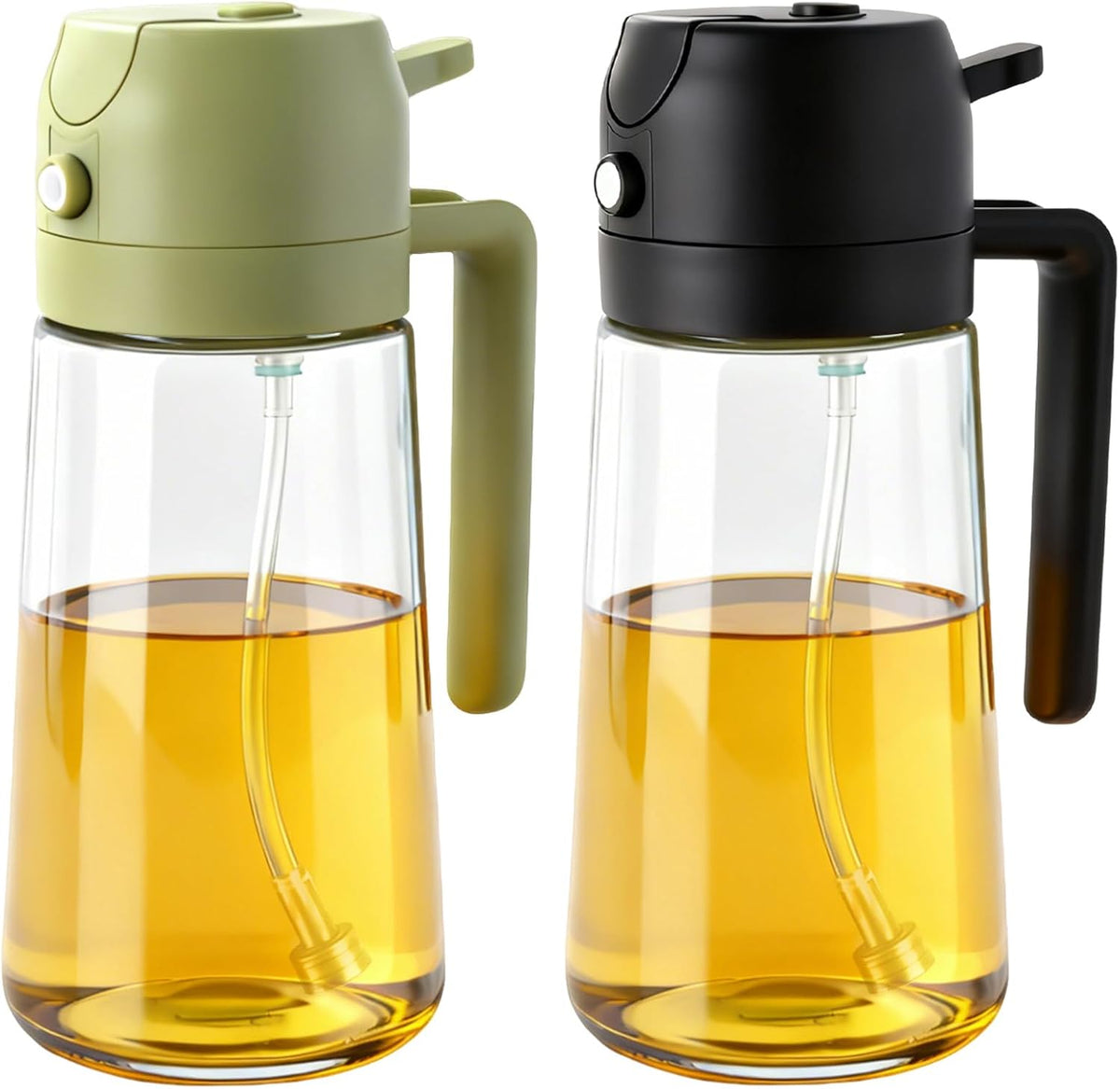 2Pcs Glass Oil Sprayer for Cooking 16oz/470ml, Kitchen Gadget for Air Fryer, Salad, BBQ, Frying（White） (Black+Green)