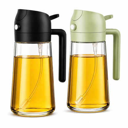Olive Oil Sprayer 470ml Glass Bottle, 2-in-1 Oil Dispenser & Fine Mist Spray for Cooking, Air Fryer, Salad, BBQ, Refillable & Leakproof (Green)
