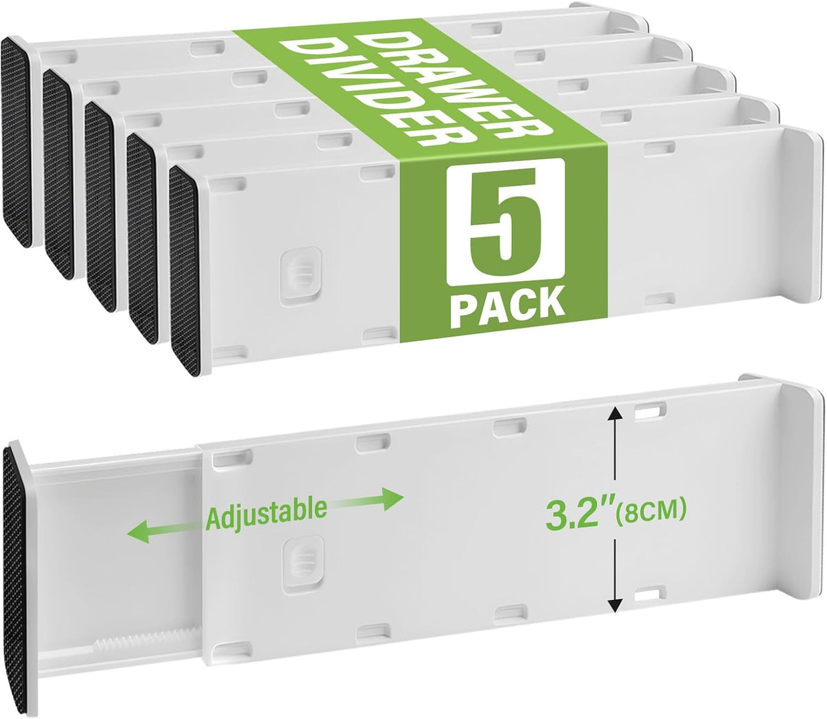 5 Pack Drawer Dividers 3.2" High Slim Organizers Expandable 10.8-17.9" Adjustable Separators for Shallow Drawers Kitchen Utensils Baby Clothes Underwear Storage-White