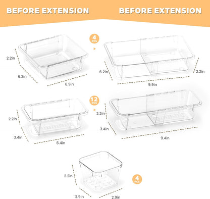 20PCS Clear Drawer Organizer Set, Expandable Acrylic Vanity Storage Bins, 2 Sizes Adjustable Plastic Junk Drawer Dividers, BPA-Free Non-Slip Stackable Organizers for Makeup, Bedroom, Office & Tools