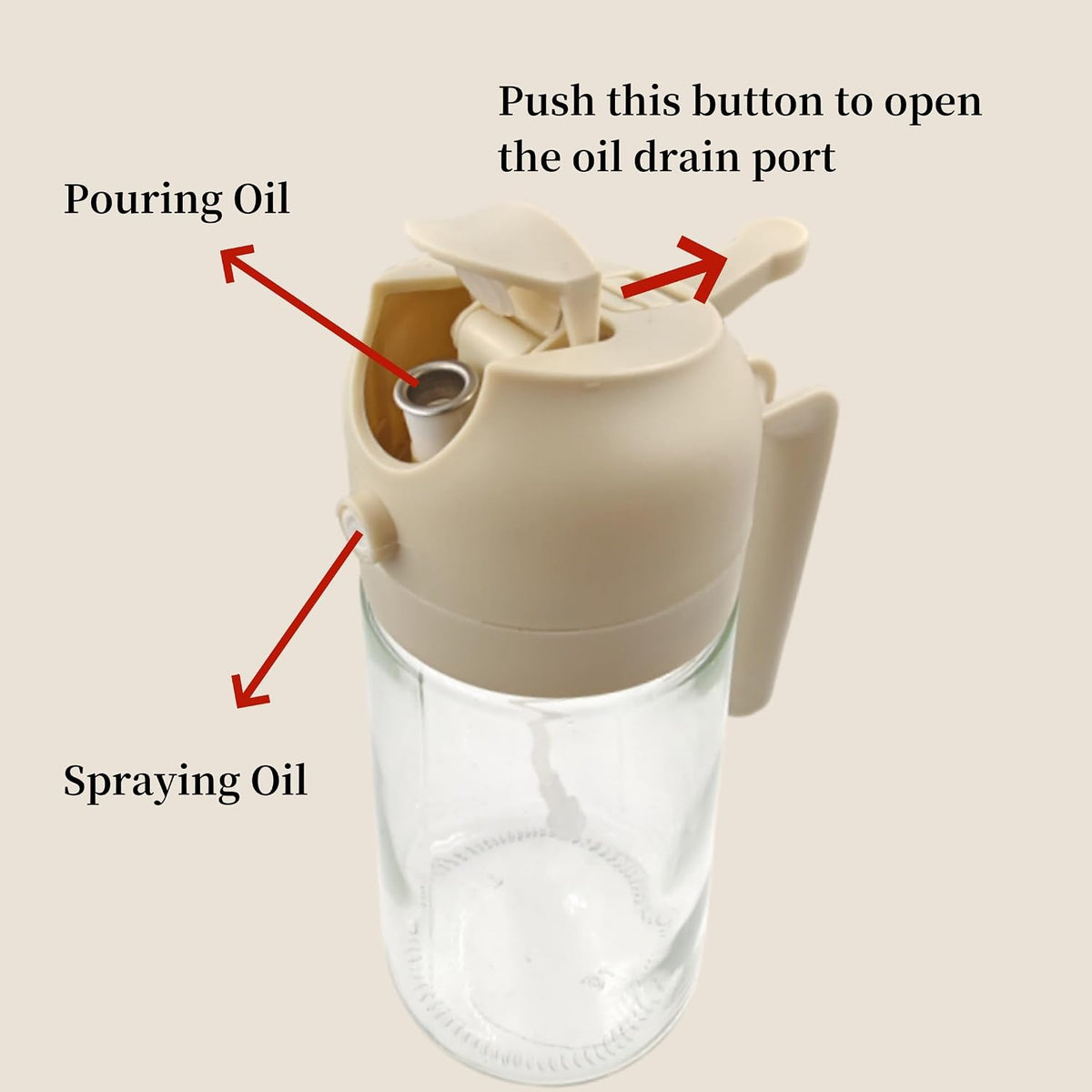 ZHIYE Oil Spray Bottle for Cooking, 16oz/470ml 2 in 1 Olive Oil Dispenser Sprayer for Kitchen Premium Clear Glass Oil Bottle for Cooking, Air Fryer, BBQ, Salad, Beige