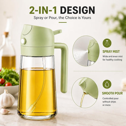 Olive Oil Sprayer 470ml Glass Bottle, 2-in-1 Oil Dispenser & Fine Mist Spray for Cooking, Air Fryer, Salad, BBQ, Refillable & Leakproof (Green)