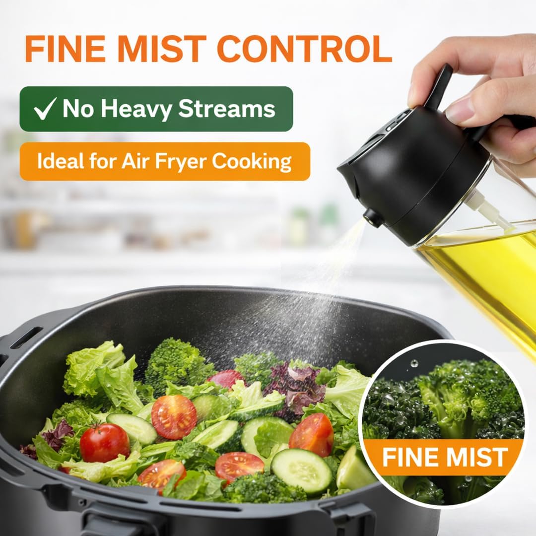 2-in-1 Olive Oil Sprayer & Dispenser Bottle – 470ml/16oz Glass Oil Mister for Cooking, Air Fryer, Salad & BBQ – Spray & Pour with 2 Free Brushes – Premium Oil Spray Bottle (Black)