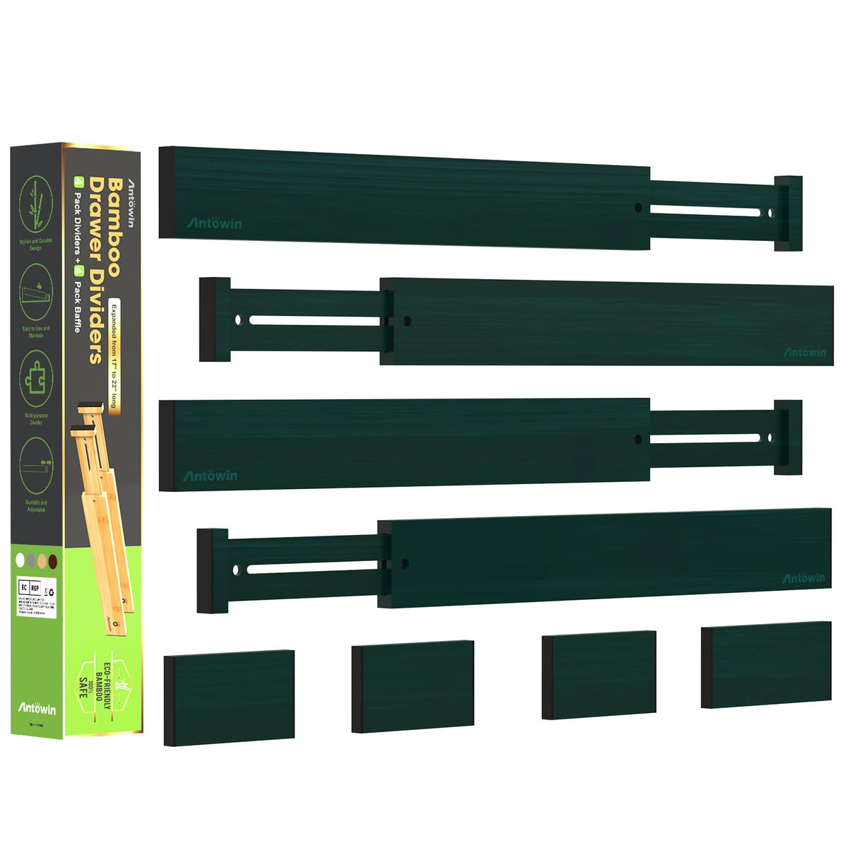 ANTOWIN 4 Pcs Expandable Bamboo Drawer Dividers, Fits 17.6-21.6" Drawers