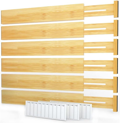 SpaceAid Bamboo Drawer Dividers with Labels, Kitchen Adjustable Drawer Organizers, Expandable Organization for Home, Office, Dressers and Bathroom, 6 Dividers (17-22 in)
