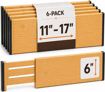 6 Pack Black Drawer Dividers - 6 Inch High for Deep Drawers, Adjustable 11.5 to 17 Inch Expandable Kitchen Drawer Organizer, Spring Loaded Dresser Separator for Clothes, Bedroom, Bathroom, Office