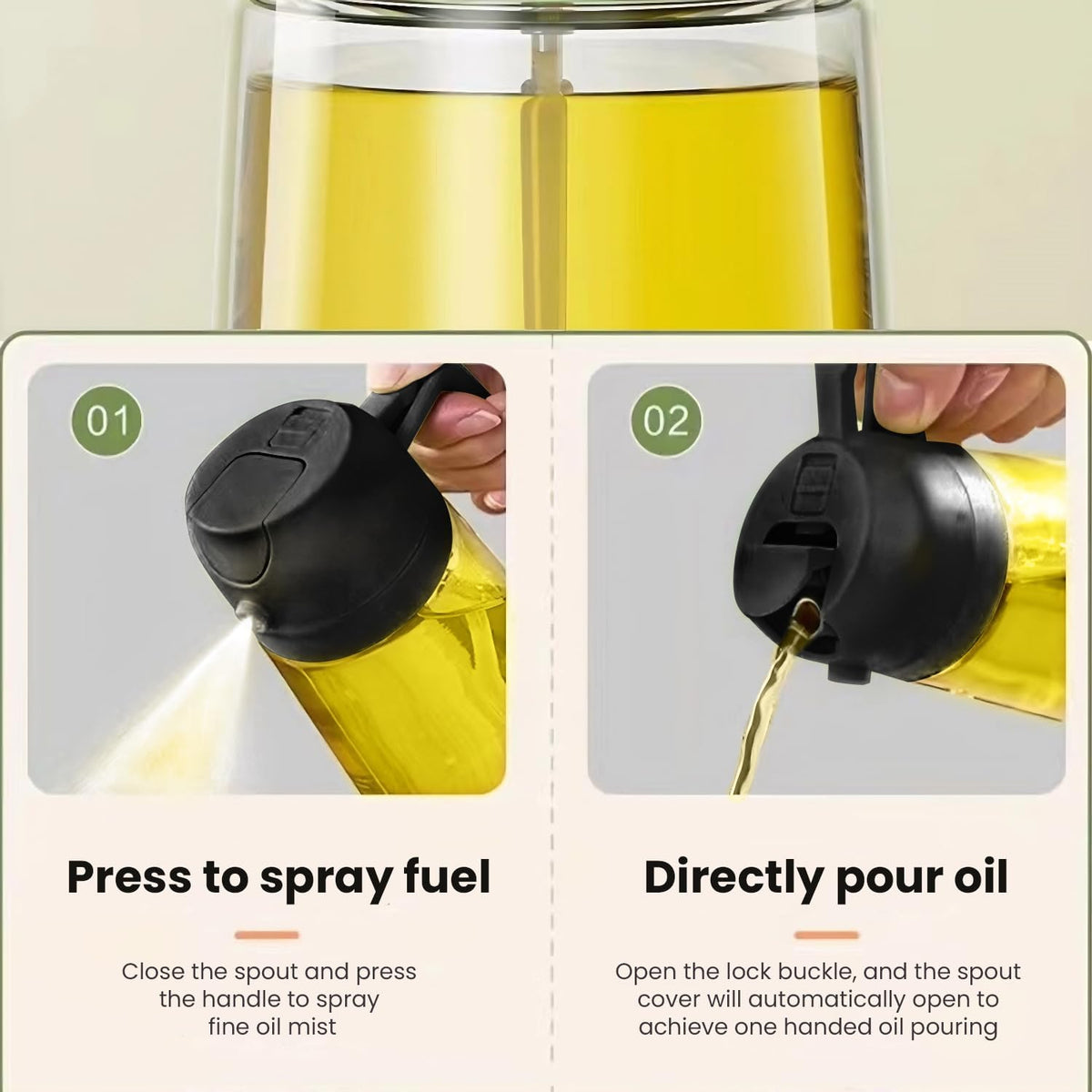 2-in-1 Oil Sprayer & Dispenser, 18oz Borosilicate Glass Oil Spray Bottle, 3 Modes (Spray/Stream/Pour), Leak-Proof Anti-Drip Oil Mister with Ergonomic Handle, One-Hand Operation for Air Fryer, Cooking