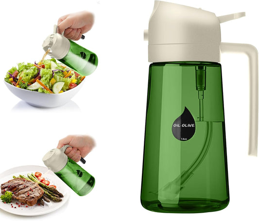 2 in 1 Oil Sprayer for Cooking, Olive Oil Dispenser Bottle for Kitchen Spray and Pour, 16oz/470ml Light-Blocking Dark Green Glass Bottle, Food-Grade Oil Mister for Air Fryer Cream Cap