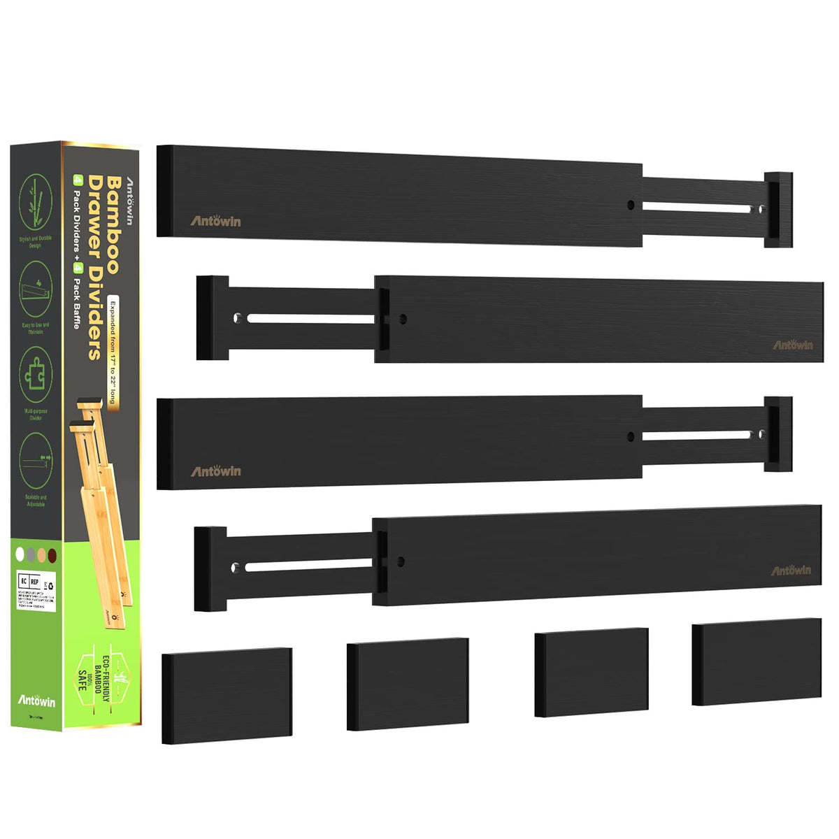 ANTOWIN 4 Pcs Expandable Bamboo Drawer Dividers, Fits 17.6-21.6" Drawers