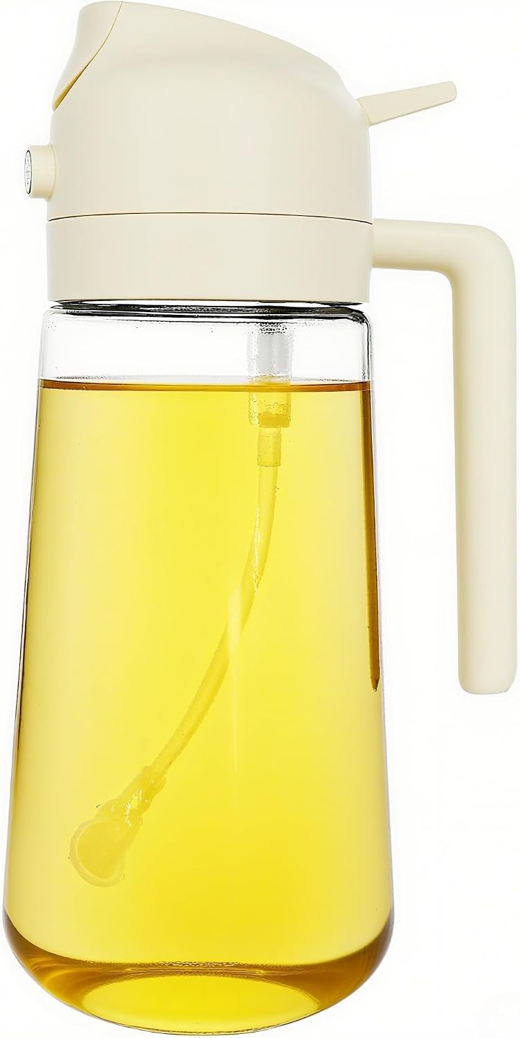 ZHIYE Oil Spray Bottle for Cooking, 16oz/470ml 2 in 1 Olive Oil Dispenser Sprayer for Kitchen Premium Clear Glass Oil Bottle for Cooking, Air Fryer, BBQ, Salad, Beige