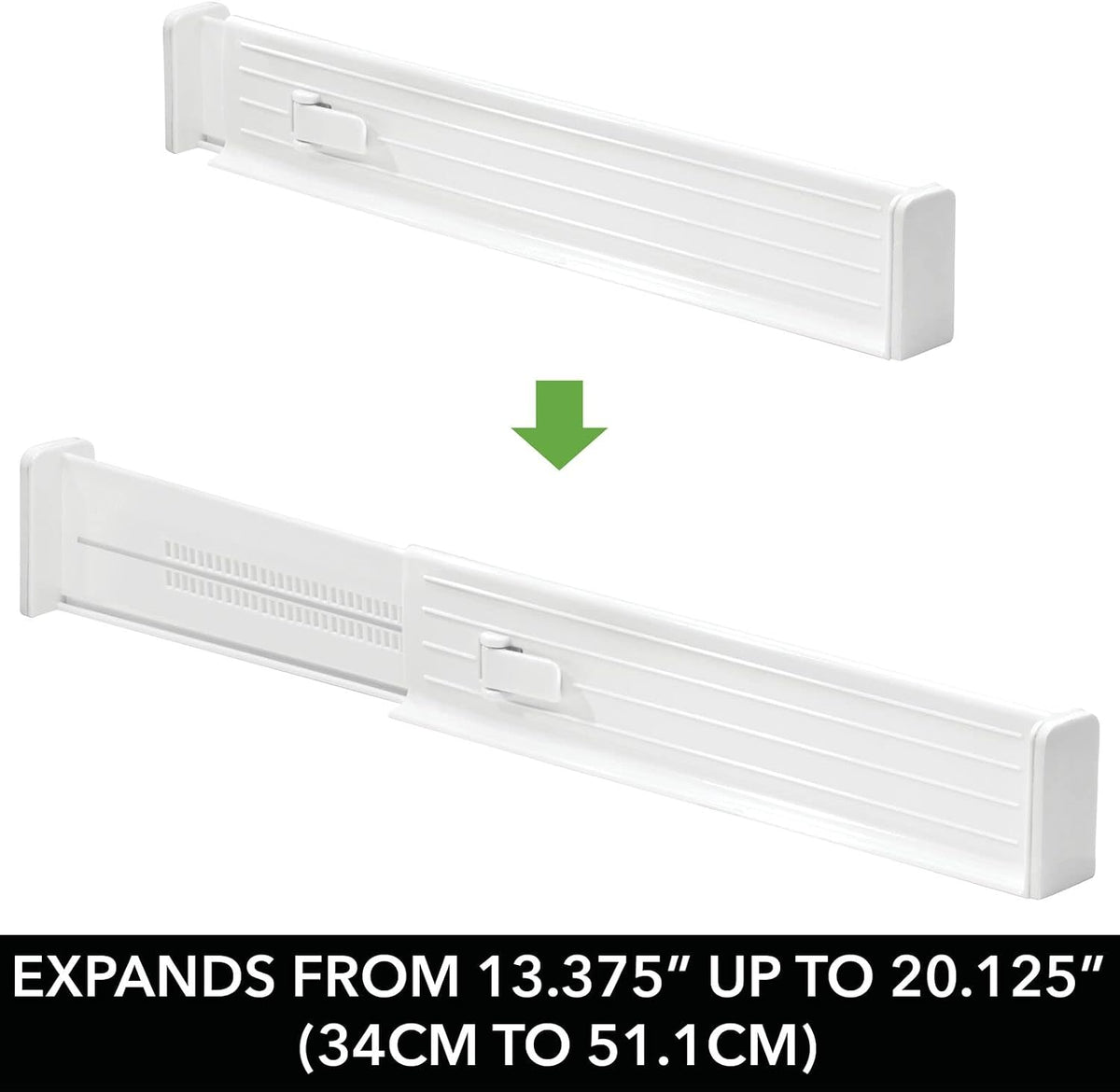 mDesign Expandable Dresser Drawer Divider with Foam Ends, Drawer Divider Locks in Place, Separators for Clothing and Accessories in Closet or Dresser Drawer, Ligne Collection, 4 Pack, White