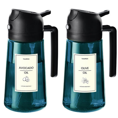 TrendPlain 16oz/470ml Blue Glass Olive Oil Sprayer for Cooking - 2 in 1 Olive Oil Dispenser for Kitchen Gadgets, Air Fryer, Salad, and BBQ (1 Pack, Black & Navy)