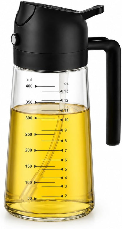16oz/470ml Glass Olive Oil Sprayer & Dispenser, 2-in-1 Oil Spray Bottle with Pour Spout, Refillable Cooking Oil Dispenser for Air Fryer, Salad, BBQ & Kitchen