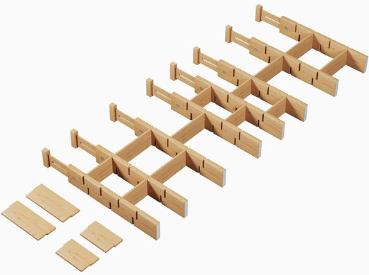 Bamboo Drawer Dividers 8 Pack with Inserts, Kitchen Adjustable Drawer Organizers for Home, Bedroom, Dresser, Expandable Organization 8 Dividers with 16 Inserts