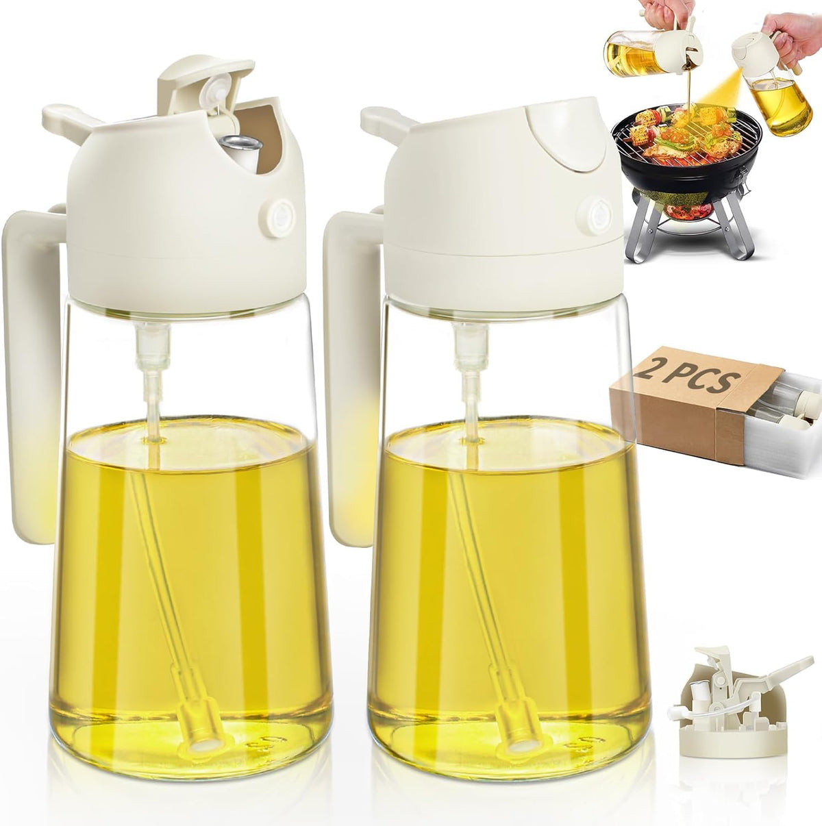2Pcs Glass Oil Sprayer for Cooking 16oz/470ml, Kitchen Gadget for Air Fryer, Salad, BBQ, Frying（White） (Black+Green)