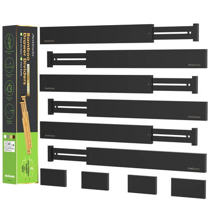 ANTOWIN Bamboo Drawer Dividers, Expandable Drawer Separators Splitter, 17-22 inches Adjustable Spring-loaded Organizer for Large Utensil, Clothes, Tools Drawers, 6 Pack Dividers + 4 Pack Baffle